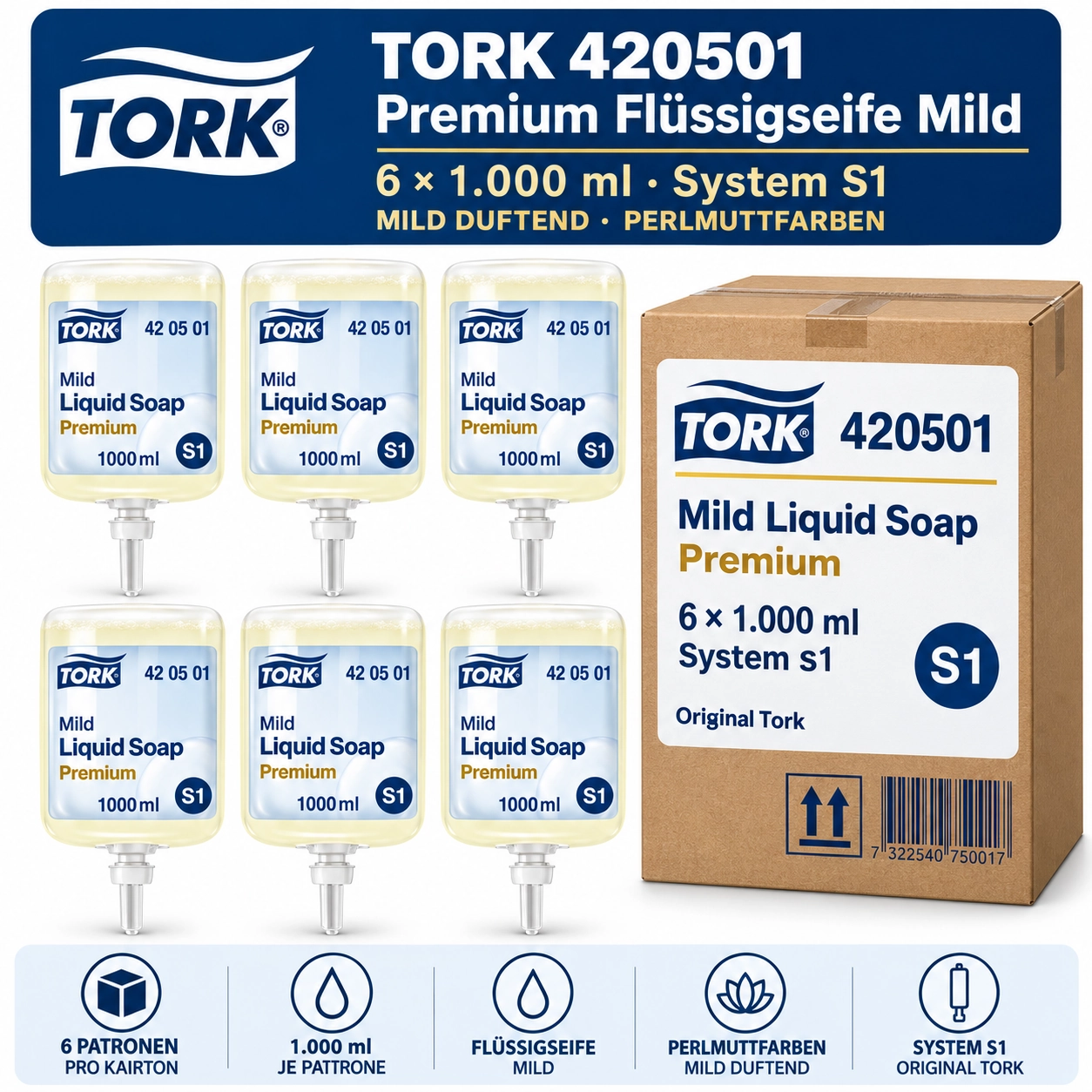 Tork 420501 Premium Flüssigseife S1, Karton mit 6 x 1000 ml