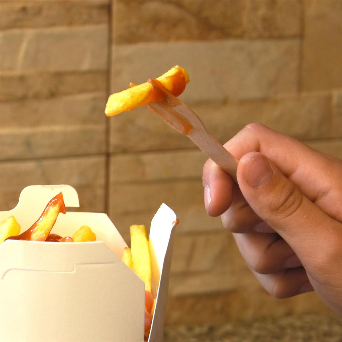 Pommes-Frites-Gabel aus Holz 8,5cm - 1000 Stück Pommes-Frites-Gabel aus Holz 8,5cm - 1000 Stück