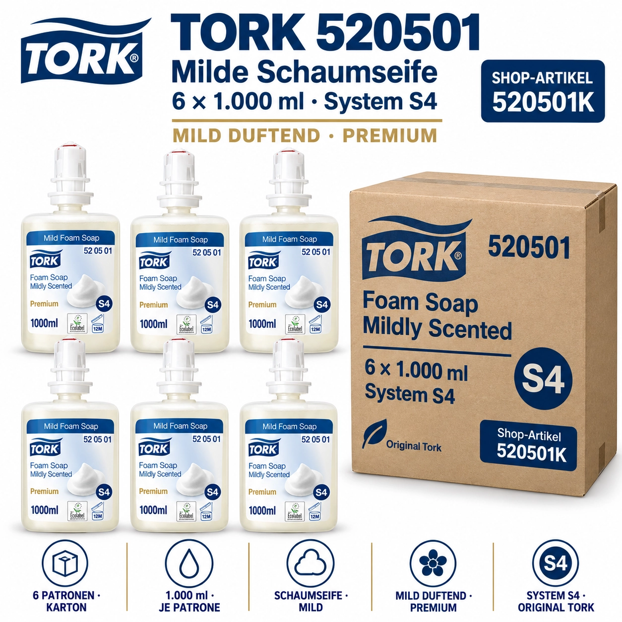 520501 - Tork milde Schaumseife S4 - Karton à 6 Patronen