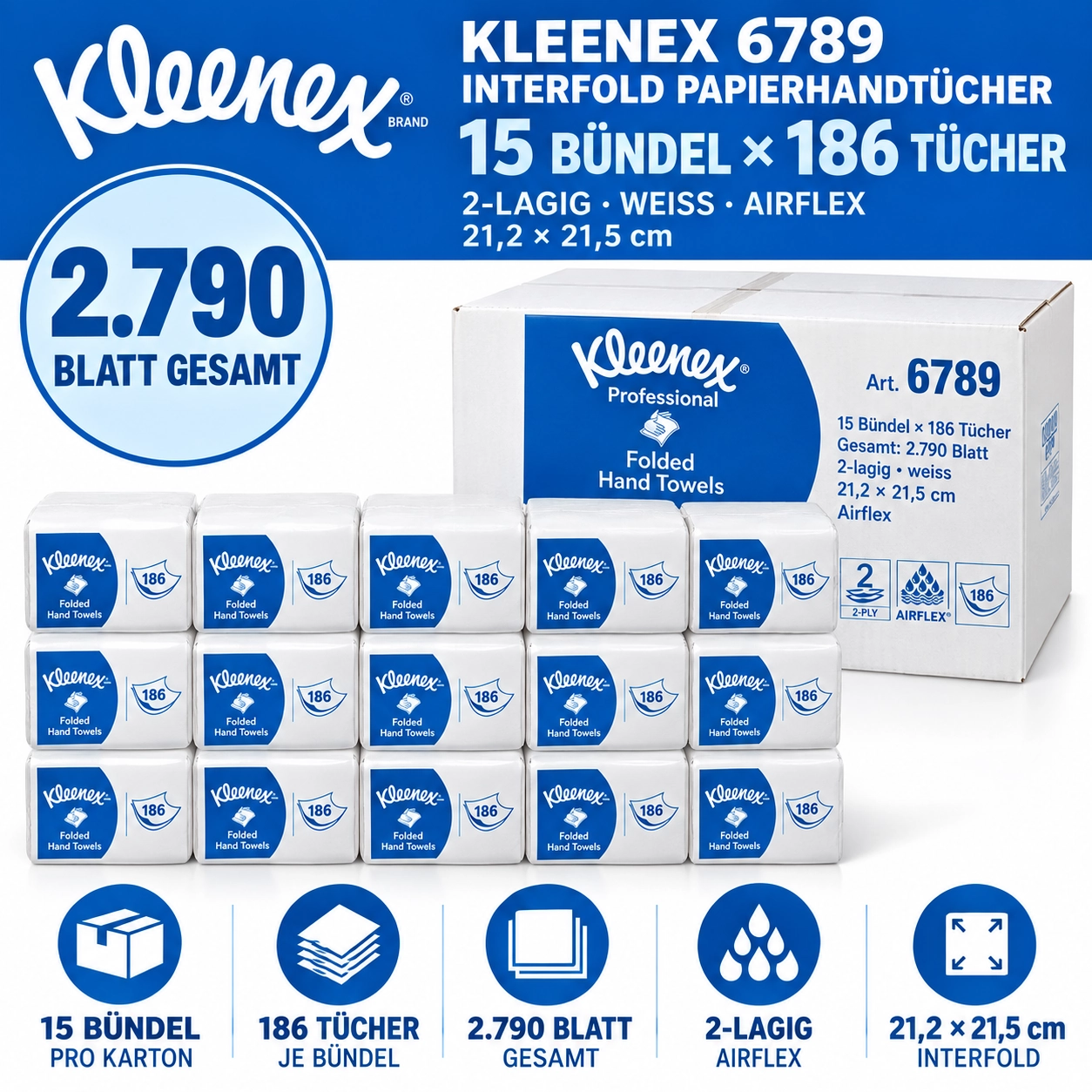 Kleenex 6789 Interfold Papierhandtücher 2-lagig weiss 21,2 × 21,5 cm – 2’790 Blatt