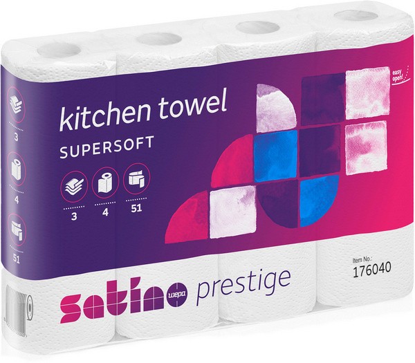 santino® Küchenrollen Prestige 3-lagig 51 Blatt Pack mit 4 Rollen 176040 4000735323944.